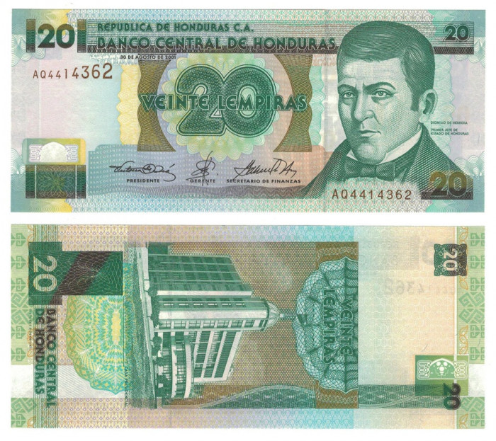 HONDURAS █ bancnota █ 20 Lempiras █ 2001 █ P-87a █ UNC █ necirculata
