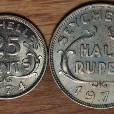 Seychelles - set raritati exotice- 25 cents + 1/2 Half rupee 1974 aUNC/UNC