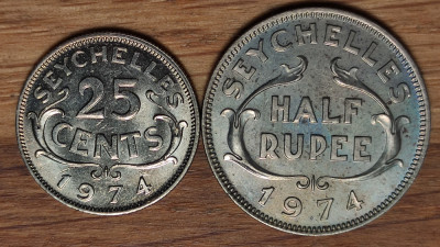 Seychelles - set raritati exotice- 25 cents + 1/2 Half rupee 1974 aUNC/UNC foto