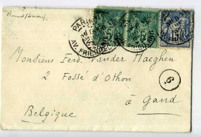 France 1895 Postal History Rare Cover Paris Av. Friedland to Gand Belgium D.564 foto