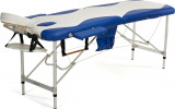 Pat masaj Bodyfit, 2 sectiuni, inaltime reglabila 65-87cm, husa transport, cadru aluminiu, piele ecologica, pliabil,alb/albastru