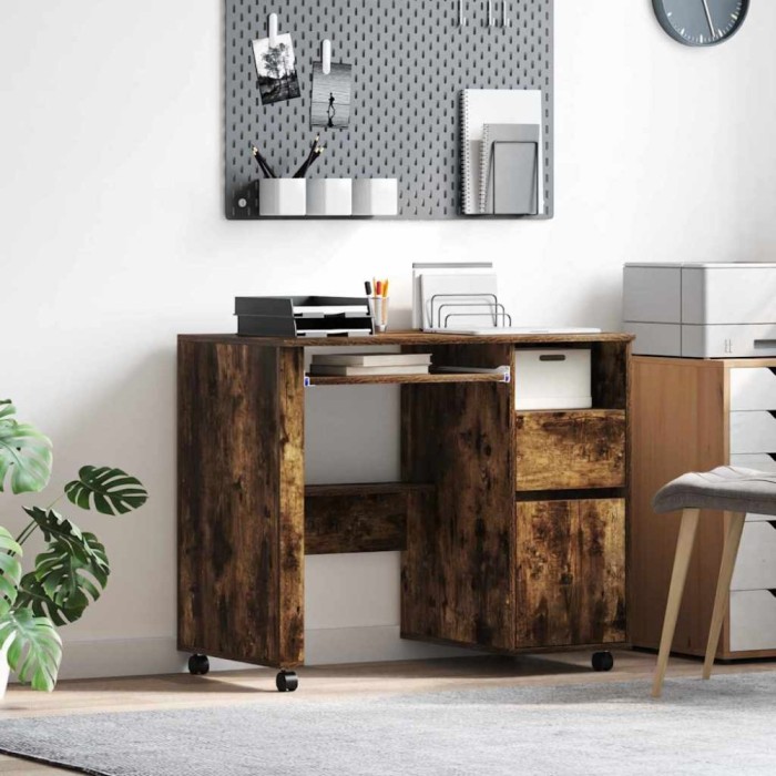 vidaXL Birou cu Roți Stejar afumat 91 x 50 x 77 cm Lemn compozit