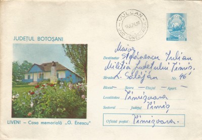 Romania, Judetul Botosani, Liveni, Casa memoriala G. Enescu, plic circulat, 1974 foto