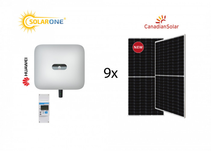 Kit sistem fotovoltaic 4 kW hibrid monofazat, invertor Huawei si 9 Panouri fotovoltaice Canadian Solar 460W