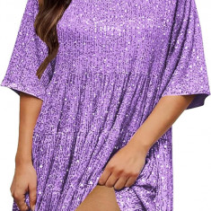 UD Femei Rochie Paiete Sparkly Giltter Gât Rotund Maneca Scurta A-Line Loose Swi