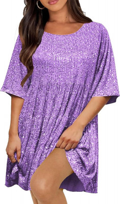 UD Femei Rochie Paiete Sparkly Giltter G&amp;acirc;t Rotund Maneca Scurta A-Line Loose Swi foto