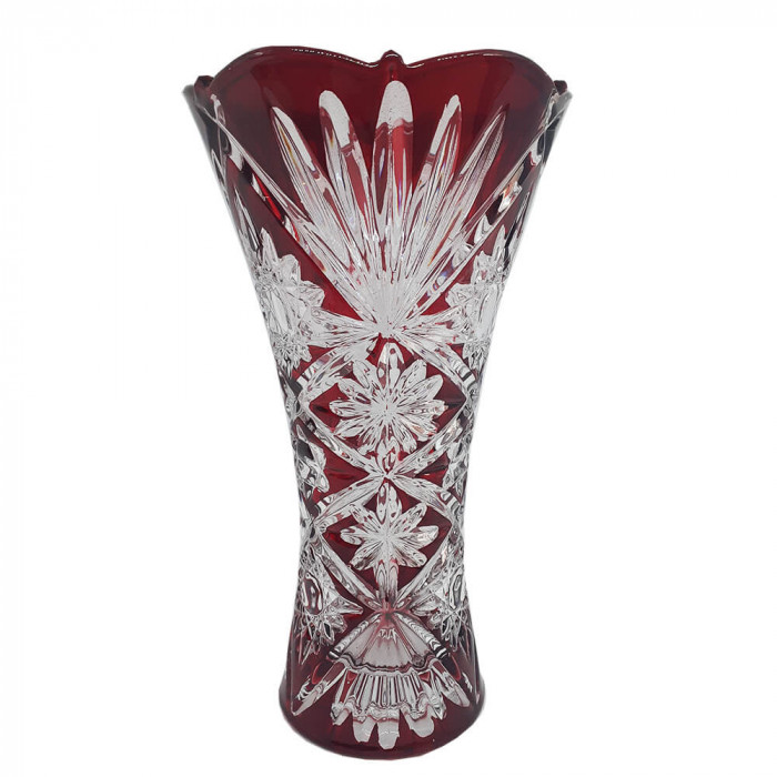 Vaza Mica de Sticla, 20 cm, Rosu Rubin, Model Floral, Vaze Mici de Sticla, Vaze si Boluri Decorative, Vaze Decorative pentru Flori, Vaza Decorativa Fl