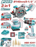 TOTAL - KIT COMBO 20V - FIERASTRAU CIRCULAR, MASINA DE GAURIT CU IMPACT, SLEFUITOR (INCLUDE 2 ACUMUL PowerTool TopQuality