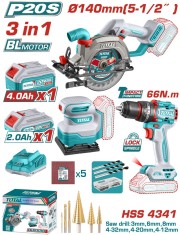 TOTAL - KIT COMBO 20V - FIERASTRAU CIRCULAR, MASINA DE GAURIT CU IMPACT, SLEFUITOR (INCLUDE 2 ACUMUL PowerTool TopQuality