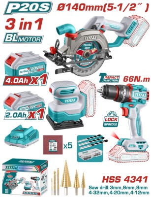 TOTAL - KIT COMBO 20V - FIERASTRAU CIRCULAR, MASINA DE GAURIT CU IMPACT, SLEFUITOR (INCLUDE 2 ACUMUL PowerTool TopQuality foto