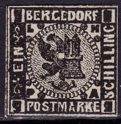 ✅ (S45) Germania veche - Bergedorf 1861 &amp;quot; Stema &amp;quot; 1S , Michel nr.2 , neautentificat, pare a fi reimpresiune Moens 1887 , mint negumat foto