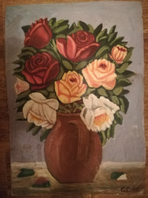 Trandafiri &amp;icirc;n oală de lut, ulei pe carton, 48x34 cm, semnat dreapta jos foto