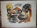 Gravura color,"Delta",semnata Fred Micos (1907Cernauti-1995Bucuresti),vezi descriere.