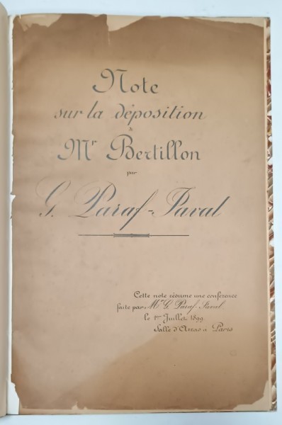 NOTE SUR LA DEPOSITION de Mr. BERTILLON par G. PARAF - JAVAL , 1899 , &#039; AFACEREA DREYFUS &#039; !