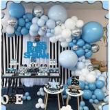 Set 156 baloane din latex, flippy, model petrecere pentru arcada, baloane party, 12 cm, 30 cm, 45 cm, albastru, bleu, alb, argitiu