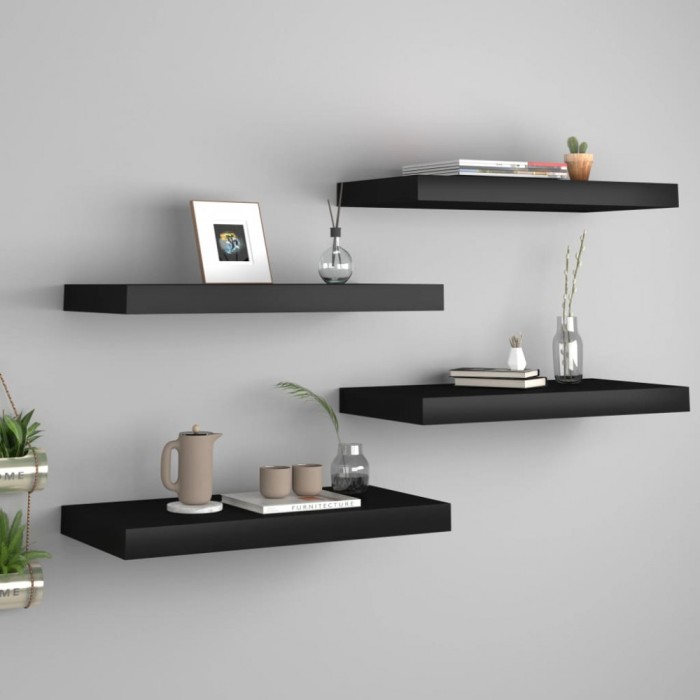 Gossi rafturi de perete suspendate, 4 buc., negru, 50x23x3,8 cm, mdf