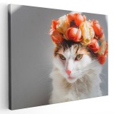 Tablou Canvas Pisica cu Coroniță Trandafiri, 30x40 cm, cu Ramă, Decor Living/Birou, Imprimat Digital