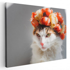 Tablou pisica cu coronita trandafiri Tablou canvas pe panza CU RAMA 60x80 cm