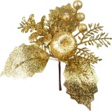 Crenguta decorativa de Craciun aurie cu frunze si bobite, 14 cm