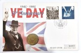 ANGLIA COIN FDC 50 ANIVERSARY OF VE DAY 1945 1995 + 2 LIRE PROOF 1995 CHURCHILL, Europa, Bronz