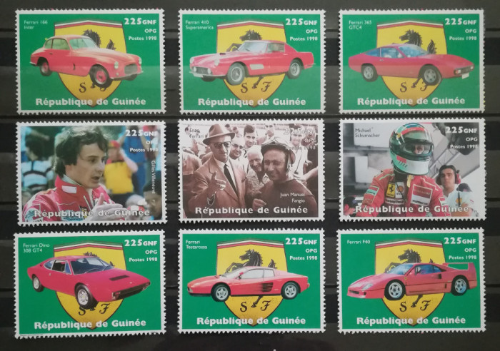 BC591, Guineea 1998, set colita+serie-masini, Ferrari, piloti
