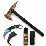 Cumpara ieftin Set topor Survivor, spray paralizant si cutit karambit DEPOX&reg;, Desert Camo, 39 cm/60 ml/25 cm, husa inclusa
