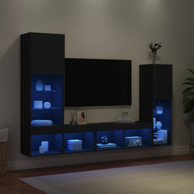 Unități de perete TV cu LED-uri, 4 piese, negru, lemn prelucrat foto