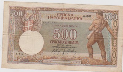 BANCNOTA 500 DINARI 1 MAI 1942 SERBIA / F foto