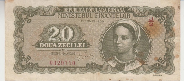 B11 11 - Bancnota foarte veche - Romania - 20 lei - emisiune 1950