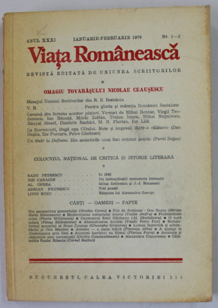 VIATA ROMANEASCA , REVISTA EDITATA DE UNIUNEA SCRIITORILOR , ANUL XXXI , NR. 1-2 , 1978