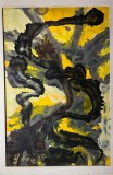 Pictură abstractă originală din 1968, semnată, pe placaj &ndash; Compoziție expresionistă unicat, format mare (60x100 cm)