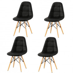 Set 4x Scaune Milano Tapitate cu Piele Ecologica in Stil Scandinav pentru Salon, Bucatarie, Sufragerie sau Terasa, Culoare Negru foto