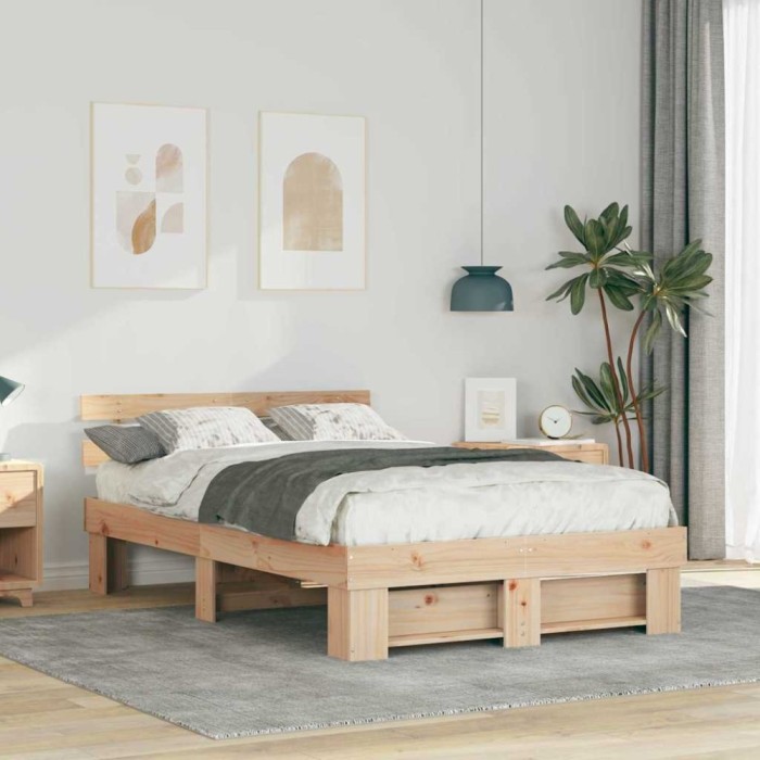 vidaXL Cadru de pat cu headboard Maro 140 x 190 cm Lemn masiv de pin 872488