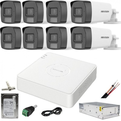 Sistem supraveghere Hikvision 8 camere color vue 2MP Dual Light, microfon, IR 40m lumina alba DVR 4MP acu sense cu accesorii incluse si HDD 1TB Safety foto