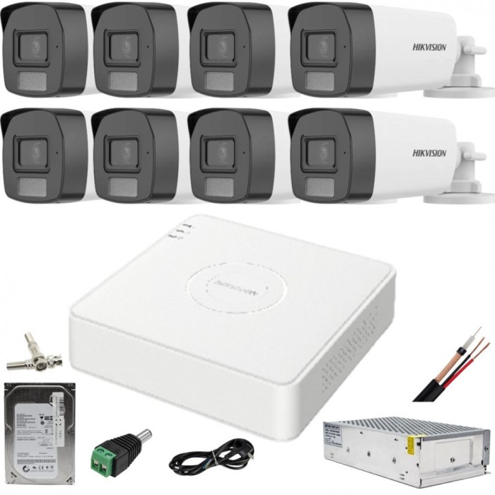 Sistem supraveghere Hikvision 8 camere color vue 2MP Dual Light, microfon, IR 40m lumina alba DVR 4MP acu sense cu accesorii incluse si HDD 1TB Safety