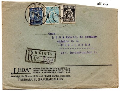 Romania 1927, Plic francat Uzuale Ferdinand 10 Lei+7,5 Lei, Reclama Firma Leda foto