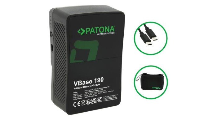 Baterie PATONA Premium V-Mount VBase 190 PD100W 190Wh USB-C USB-A D-Tap celule Samsung inclusiv carcasă dură