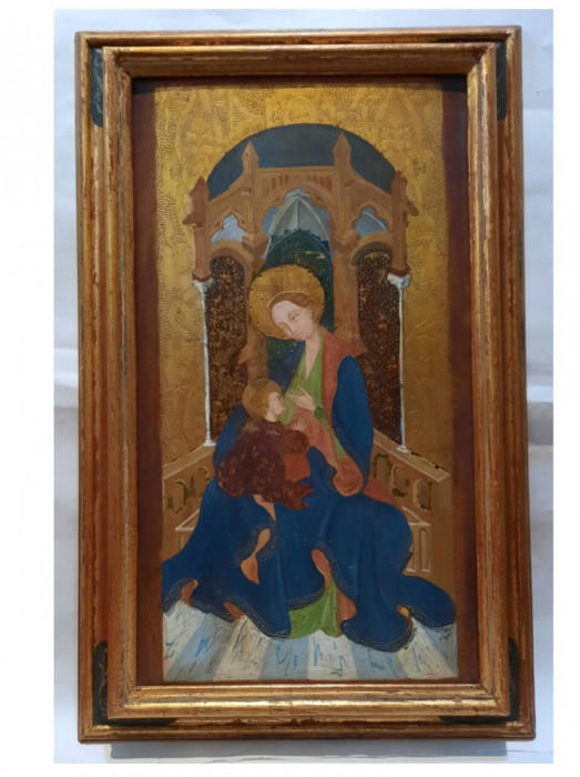 Pictura veche pe lemn sec.18, Fecioara Maria cu Pruncul Isus, 61.8x 39.3x4.5cm