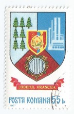 *Romania, LP 942/1977, Stemele judetelor (E-V), (uzuale), judetul Vrancea, eroare, oblit. foto