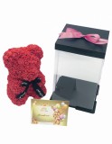 Urs floral rosu, personalizabil cu felicitare personalizabila, Eventissimi, ursulet decorat manual cu trandafiri de spuma, Teddy Bear 25 cm, cutie dec, Eventissimi&reg;