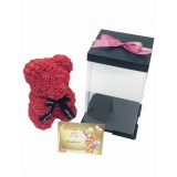 Urs floral rosu, personalizabil cu felicitare personalizabila, Eventissimi, ursulet decorat manual cu trandafiri de spuma, Teddy Bear 25 cm, cutie dec