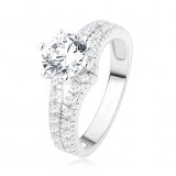Inel de logodnă din argint 925 - ştras mare, transparent, braţe bifurcate, cu zirconiu - Marime inel: 57
