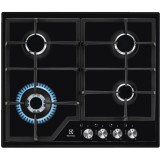 Plita incorporabila Electrolux EGS6436K, Gaz, 4 arzatoare, Wok, Aprindere electica, Gratare fonta, 60 cm, Negru