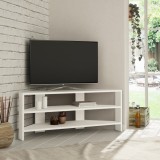 Cumpara ieftin Comoda TV Colț Albă Thales Corner Salvador, PAL Laminat 114x45x36 cm, Rafturi, Fixare Perete