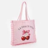 Geanta textila roz cu dungi si cirese, 38x39cm, CMCLASS