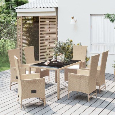 vidaXL Set de masă pentru grădină, 7 piese, cu perne, bej, poliratan 3157572 foto