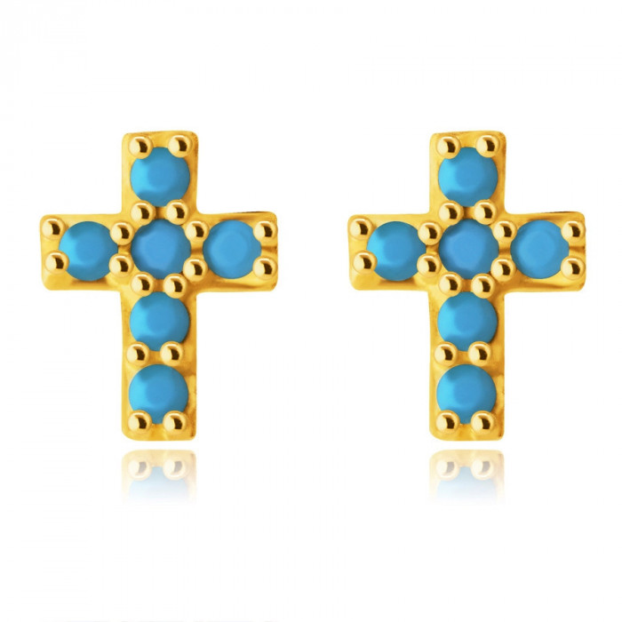 Cercei din aur de 14K &ndash; cruce latină micuță &icirc;mpodobită cu turcoaz rotund, știfturi