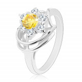 Inel lucios de culoare argintie, floare cu zirconii galbene, transparente, arcade - Marime inel: 50