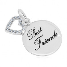 Pandantiv din argint 925 - cerc lucios, inscripție &quot;Best Friends&quot;, contur inimă cu zirconii