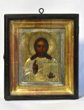 Iisus Hristos Pantocrator - Icoana veche cu ferecatura din argint 84 in caseta de lemn - Scoala Rusia - Atelier Moscova cca.1910